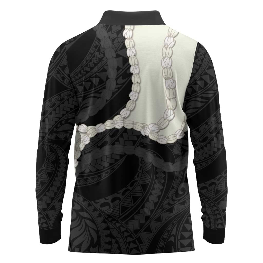 Black Polynesia Tribal Octopus Tattoo Long Sleeve Polo Shirt Pikake Lei Polynesian Pattern