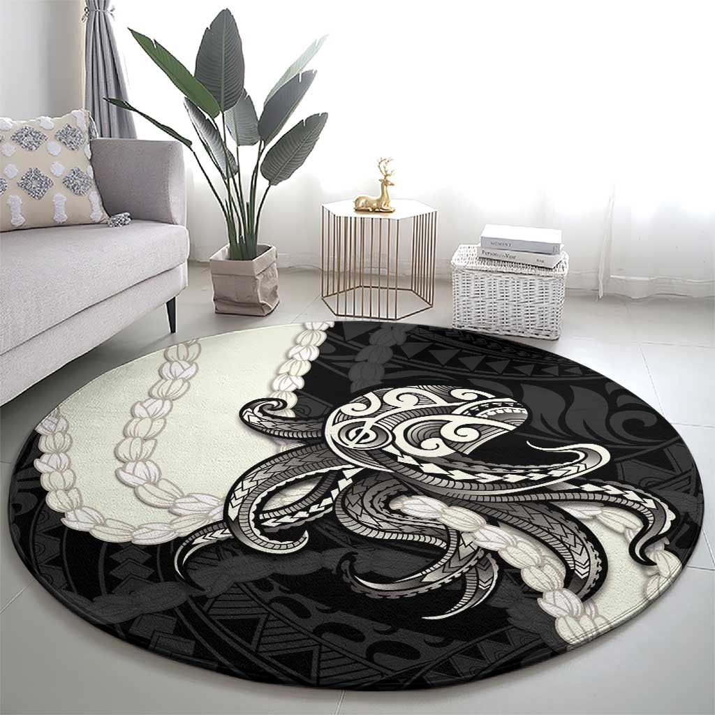 Black Polynesia Tribal Octopus Tattoo Round Carpet Pikake Lei Polynesian Pattern