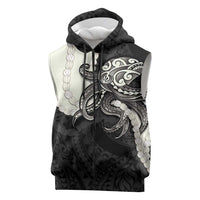 Black Polynesia Tribal Octopus Tattoo Sleeveless Zip Hoodie Pikake Lei Polynesian Pattern