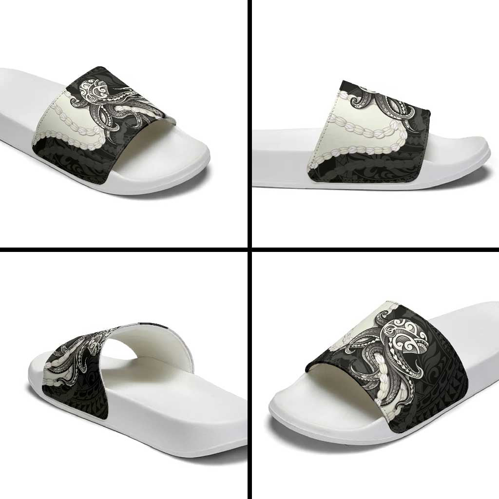 Black Polynesia Tribal Octopus Tattoo Slide Sandals Pikake Lei Polynesian Pattern