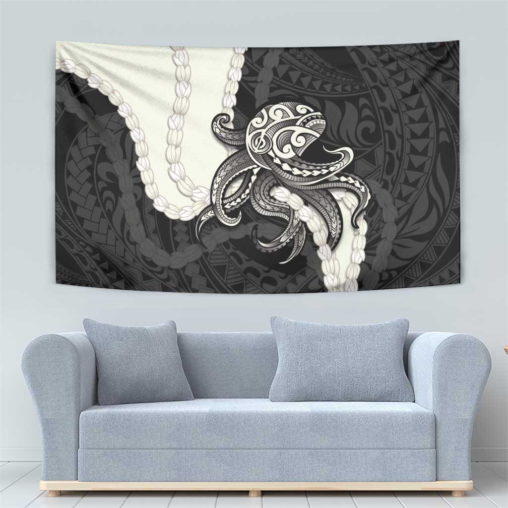Black Polynesia Tribal Octopus Tattoo Tapestry Pikake Lei Polynesian Pattern