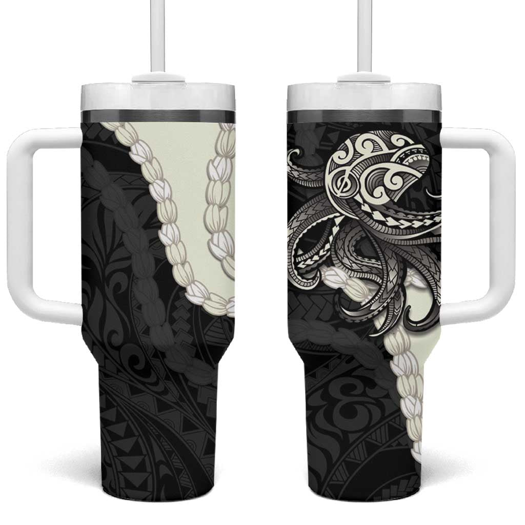 Black Polynesia Tribal Octopus Tattoo Tumbler With Handle Pikake Lei Polynesian Pattern