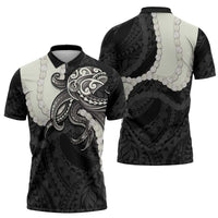 Black Polynesia Tribal Octopus Tattoo Zipper Polo Shirt Pikake Lei Polynesian Pattern