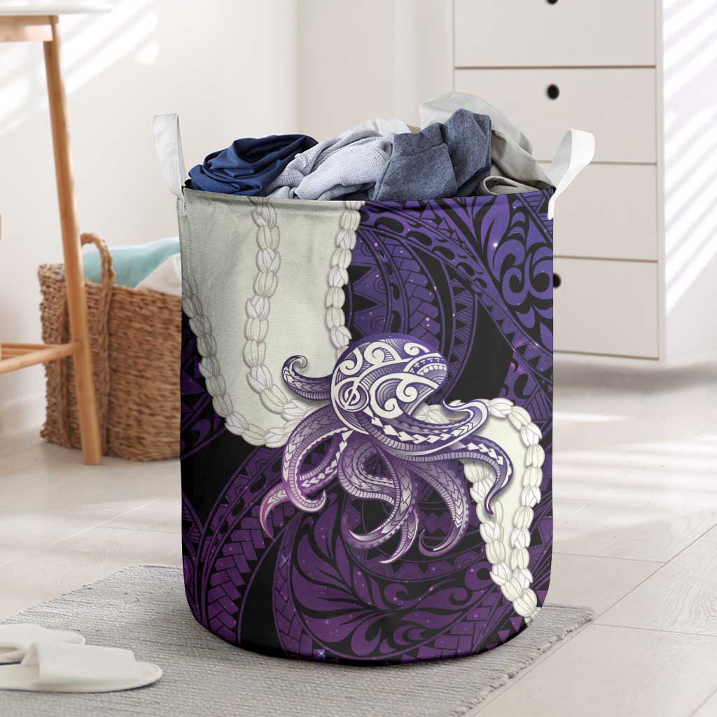 Purple Galaxy Polynesia Tribal Octopus Tattoo Laundry Basket Pikake Lei Polynesian Pattern