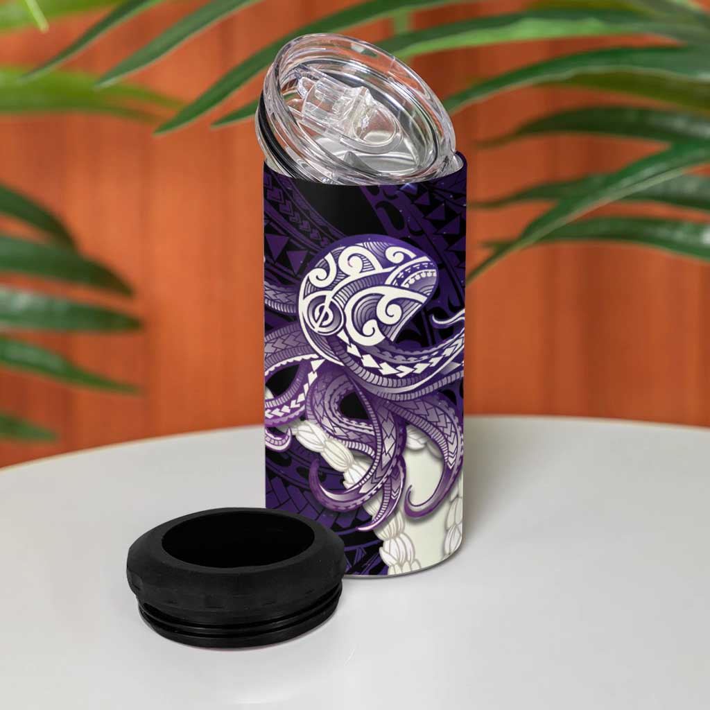Purple Galaxy Polynesia Tribal Octopus Tattoo 4 in 1 Can Cooler Tumbler Pikake Lei Polynesian Pattern