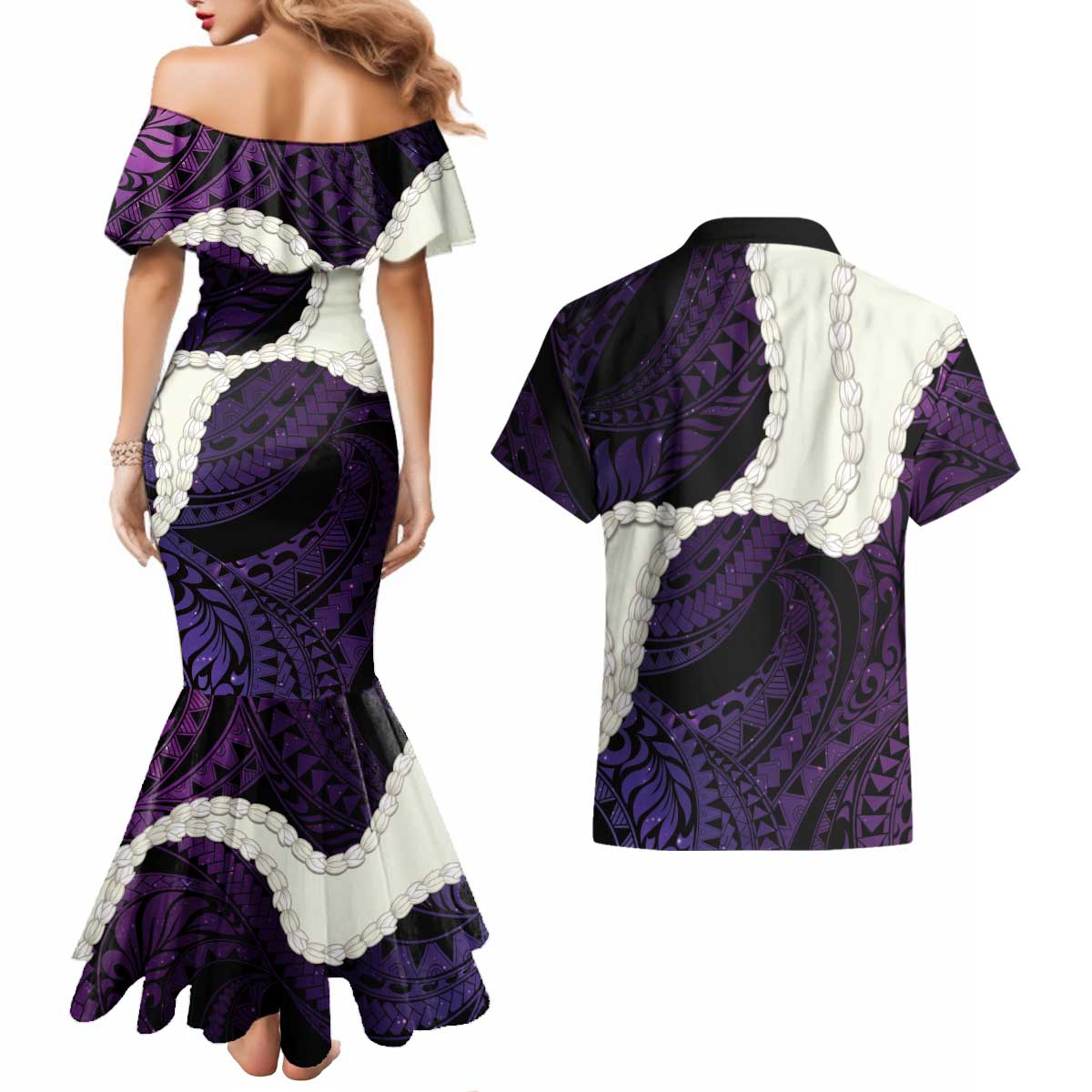 Purple Galaxy Polynesia Tribal Octopus Tattoo Couples Matching Mermaid Dress and Hawaiian Shirt Pikake Lei Polynesian Pattern