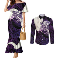 Purple Galaxy Polynesia Tribal Octopus Tattoo Couples Matching Mermaid Dress and Long Sleeve Button Shirt Pikake Lei Polynesian Pattern