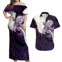 Purple Galaxy Polynesia Tribal Octopus Tattoo Couples Matching Off Shoulder Maxi Dress and Hawaiian Shirt Pikake Lei Polynesian Pattern