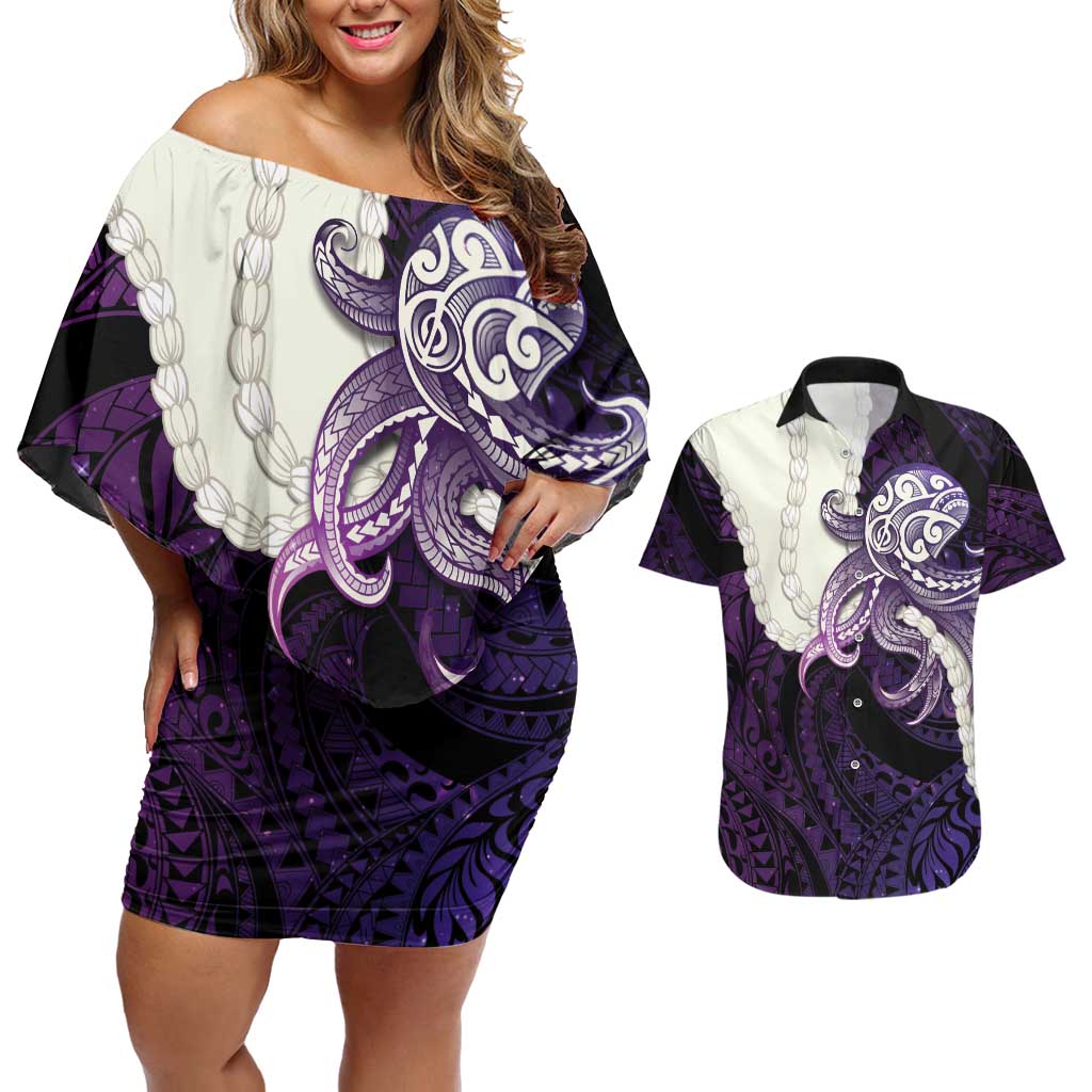 Purple Galaxy Polynesia Tribal Octopus Tattoo Couples Matching Off Shoulder Short Dress and Hawaiian Shirt Pikake Lei Polynesian Pattern