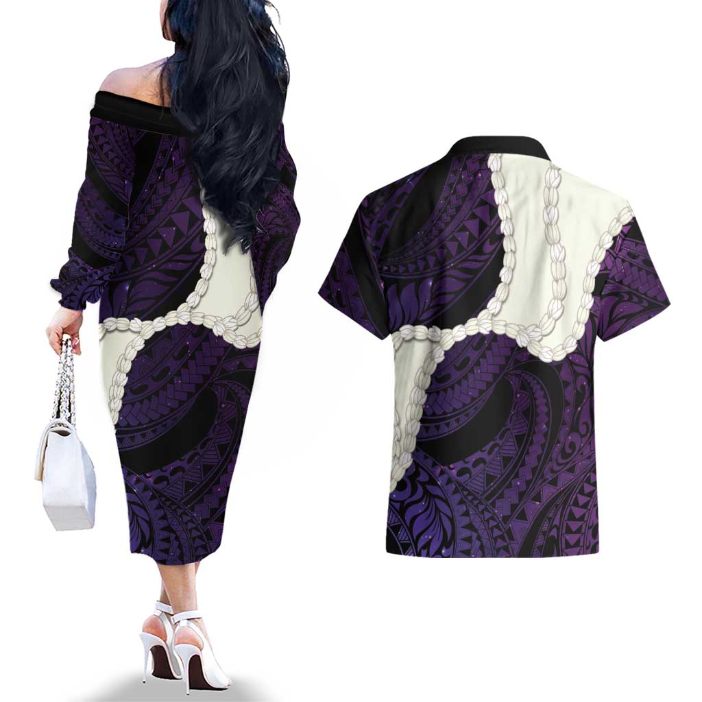 Purple Galaxy Polynesia Tribal Octopus Tattoo Couples Matching Off The Shoulder Long Sleeve Dress and Hawaiian Shirt Pikake Lei Polynesian Pattern