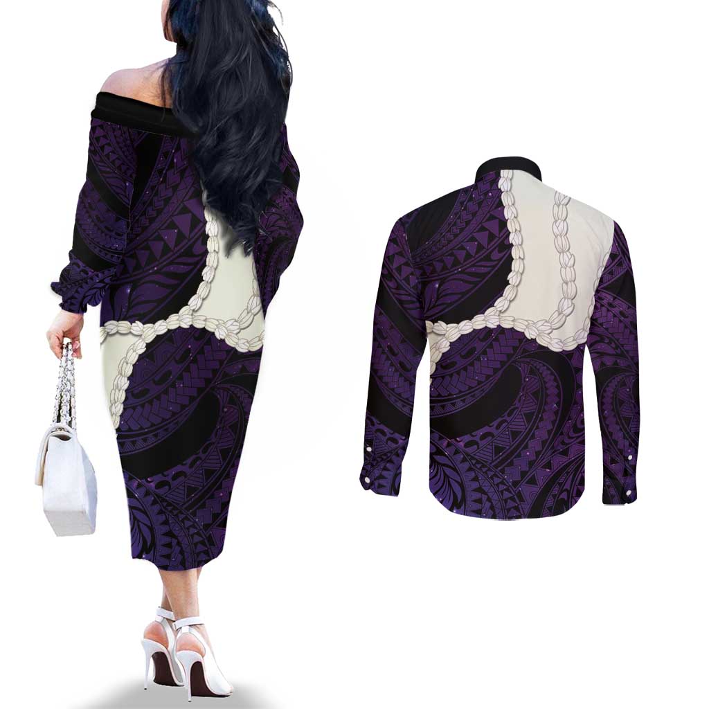 Purple Galaxy Polynesia Tribal Octopus Tattoo Couples Matching Off The Shoulder Long Sleeve Dress and Long Sleeve Button Shirt Pikake Lei Polynesian Pattern