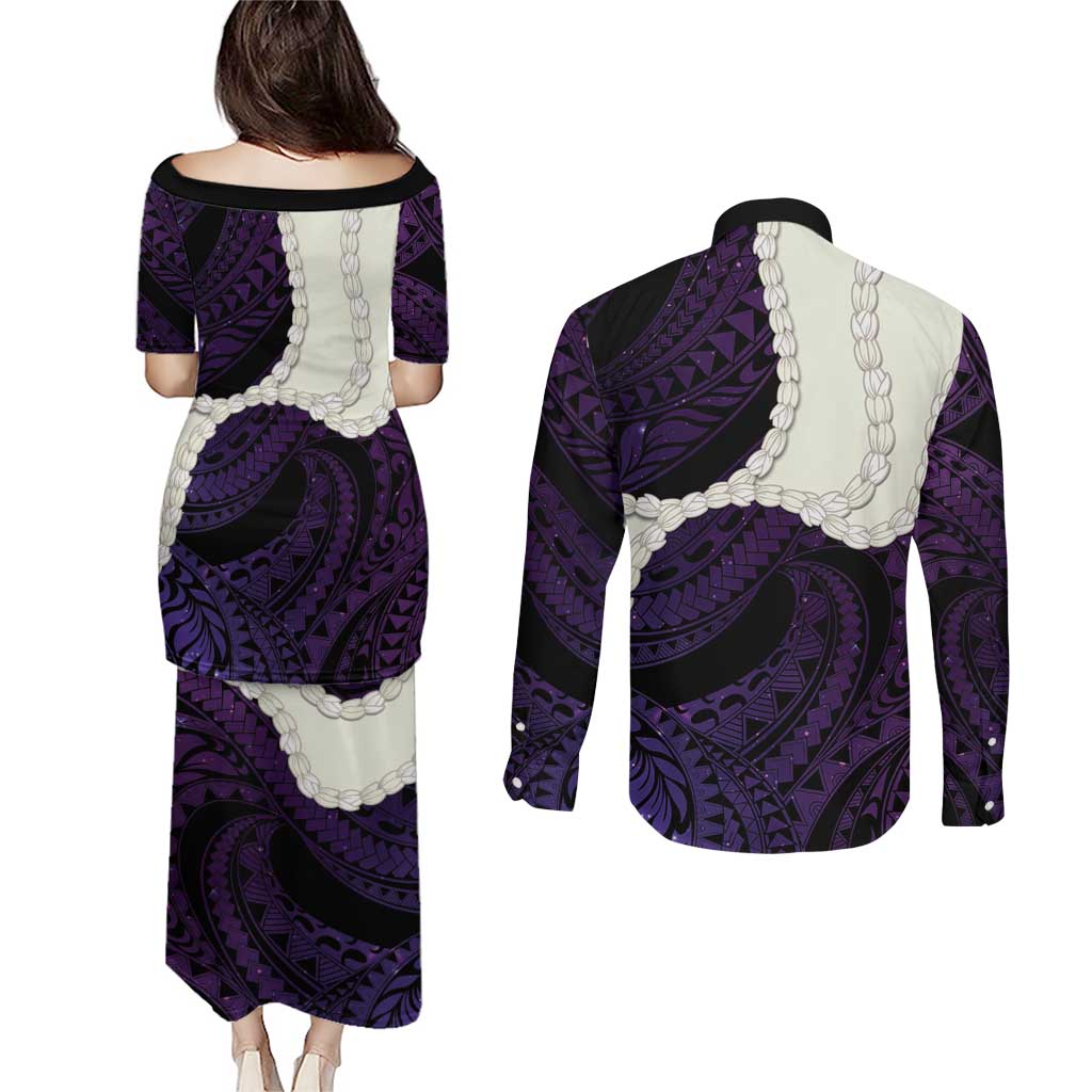 Purple Galaxy Polynesia Tribal Octopus Tattoo Couples Matching Puletasi and Long Sleeve Button Shirt Pikake Lei Polynesian Pattern