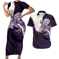 Purple Galaxy Polynesia Tribal Octopus Tattoo Couples Matching Short Sleeve Bodycon Dress and Hawaiian Shirt Pikake Lei Polynesian Pattern