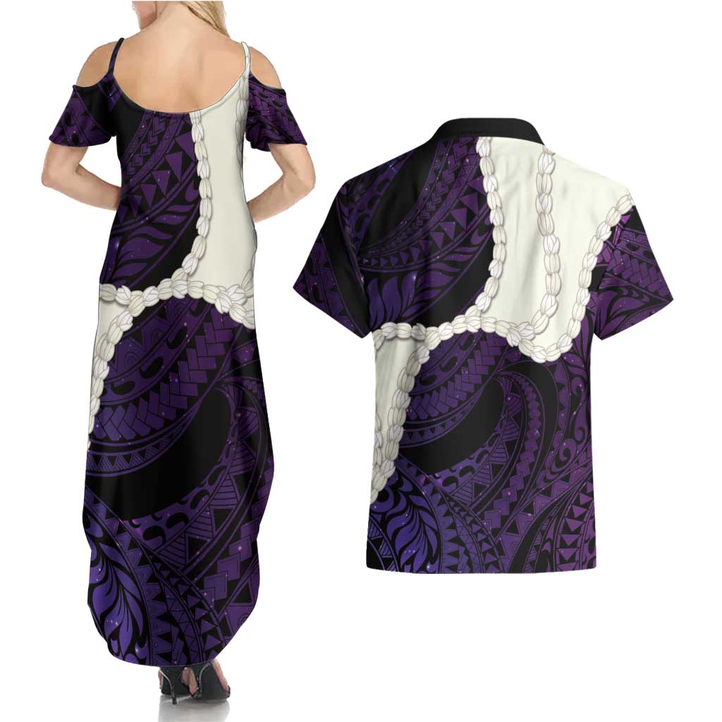 Purple Galaxy Polynesia Tribal Octopus Tattoo Couples Matching Summer Maxi Dress and Hawaiian Shirt Pikake Lei Polynesian Pattern