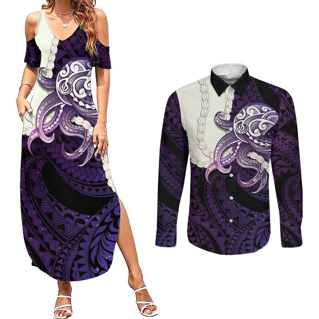 Purple Galaxy Polynesia Tribal Octopus Tattoo Couples Matching Summer Maxi Dress and Long Sleeve Button Shirt Pikake Lei Polynesian Pattern