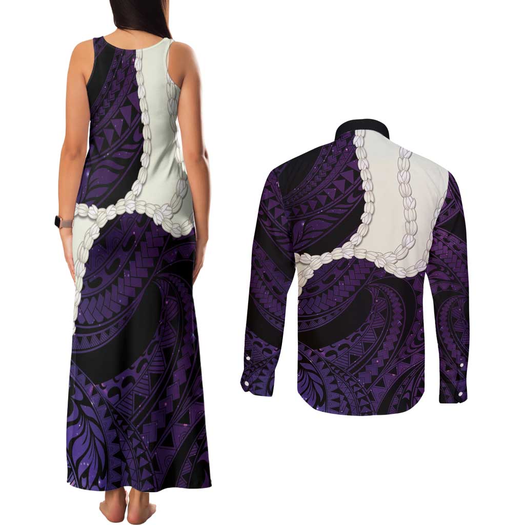 Purple Galaxy Polynesia Tribal Octopus Tattoo Couples Matching Tank Maxi Dress and Long Sleeve Button Shirt Pikake Lei Polynesian Pattern