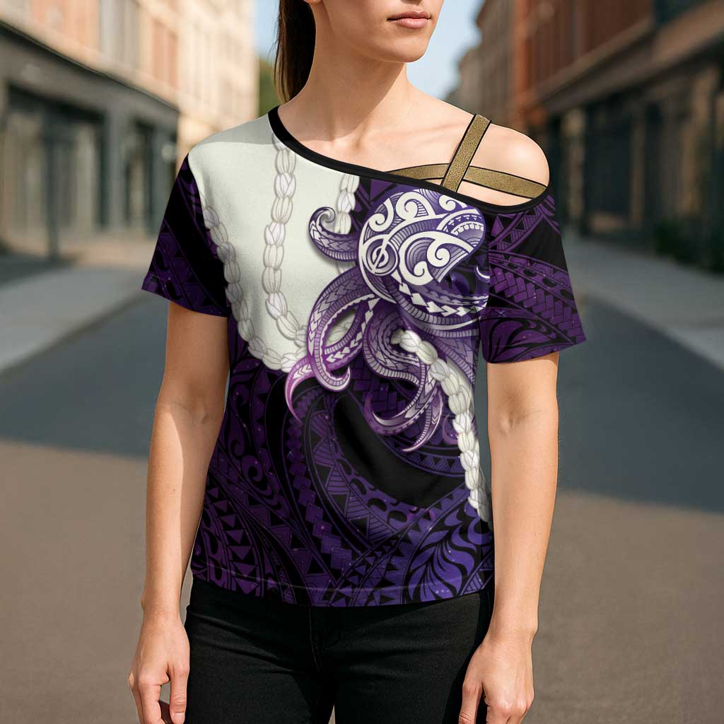 Purple Galaxy Polynesia Tribal Octopus Tattoo Cross Shoulder Shirt Pikake Lei Polynesian Pattern