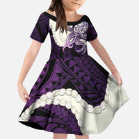 Purple Galaxy Polynesia Tribal Octopus Tattoo Family Matching Off The Shoulder Long Sleeve Dress and Hawaiian Shirt Pikake Lei Polynesian Pattern LT14 Daughter's Dress Purple - Polynesian Pride