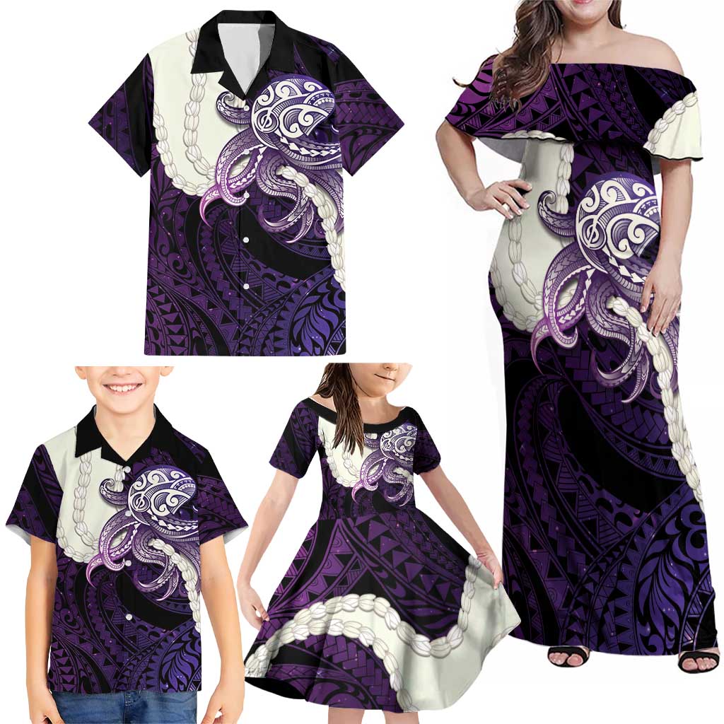 Purple Galaxy Polynesia Tribal Octopus Tattoo Family Matching Off Shoulder Maxi Dress and Hawaiian Shirt Pikake Lei Polynesian Pattern