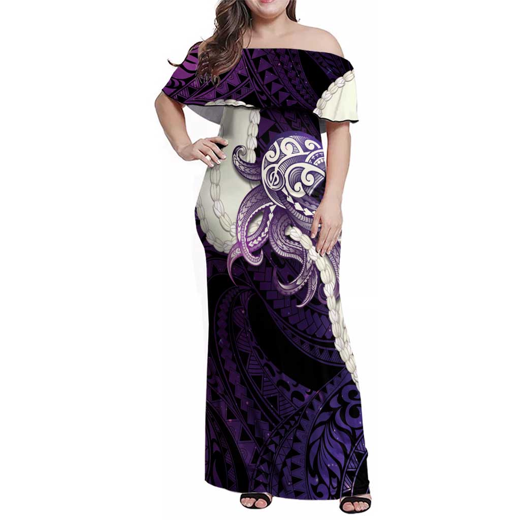 Purple Galaxy Polynesia Tribal Octopus Tattoo Family Matching Off Shoulder Maxi Dress and Hawaiian Shirt Pikake Lei Polynesian Pattern
