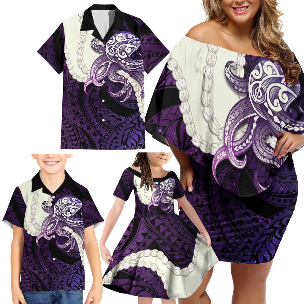 Purple Galaxy Polynesia Tribal Octopus Tattoo Family Matching Off Shoulder Short Dress and Hawaiian Shirt Pikake Lei Polynesian Pattern
