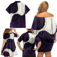 Purple Galaxy Polynesia Tribal Octopus Tattoo Family Matching Off Shoulder Short Dress and Hawaiian Shirt Pikake Lei Polynesian Pattern