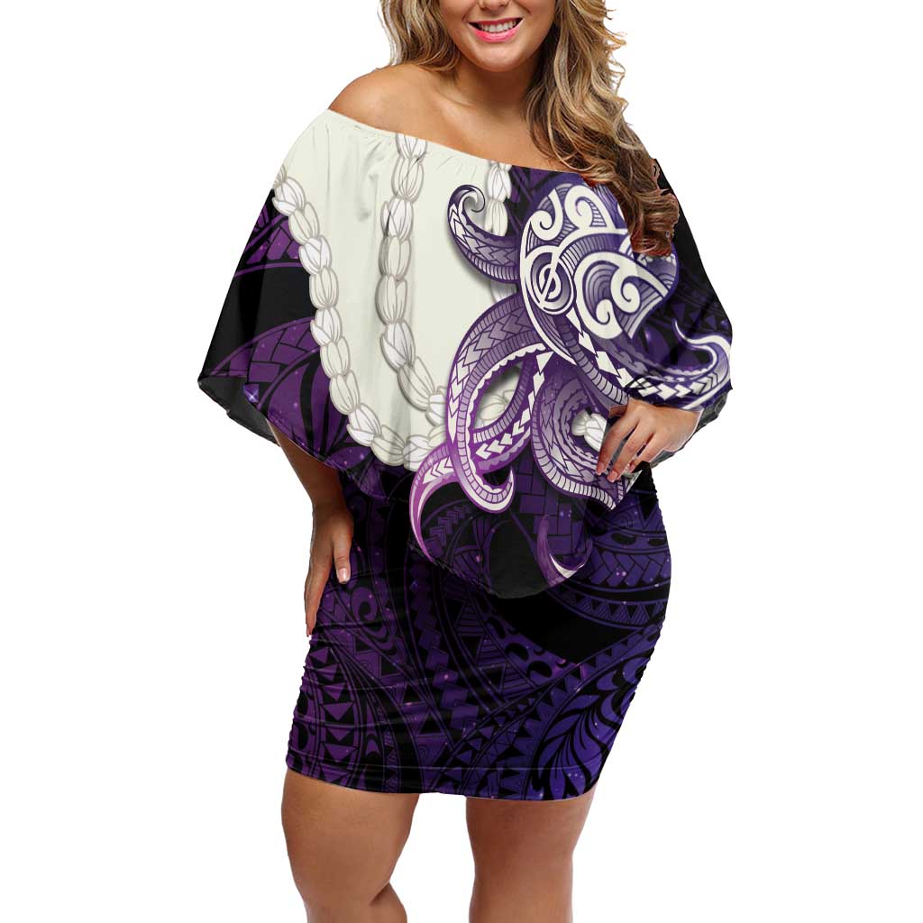 Purple Galaxy Polynesia Tribal Octopus Tattoo Family Matching Off Shoulder Short Dress and Hawaiian Shirt Pikake Lei Polynesian Pattern