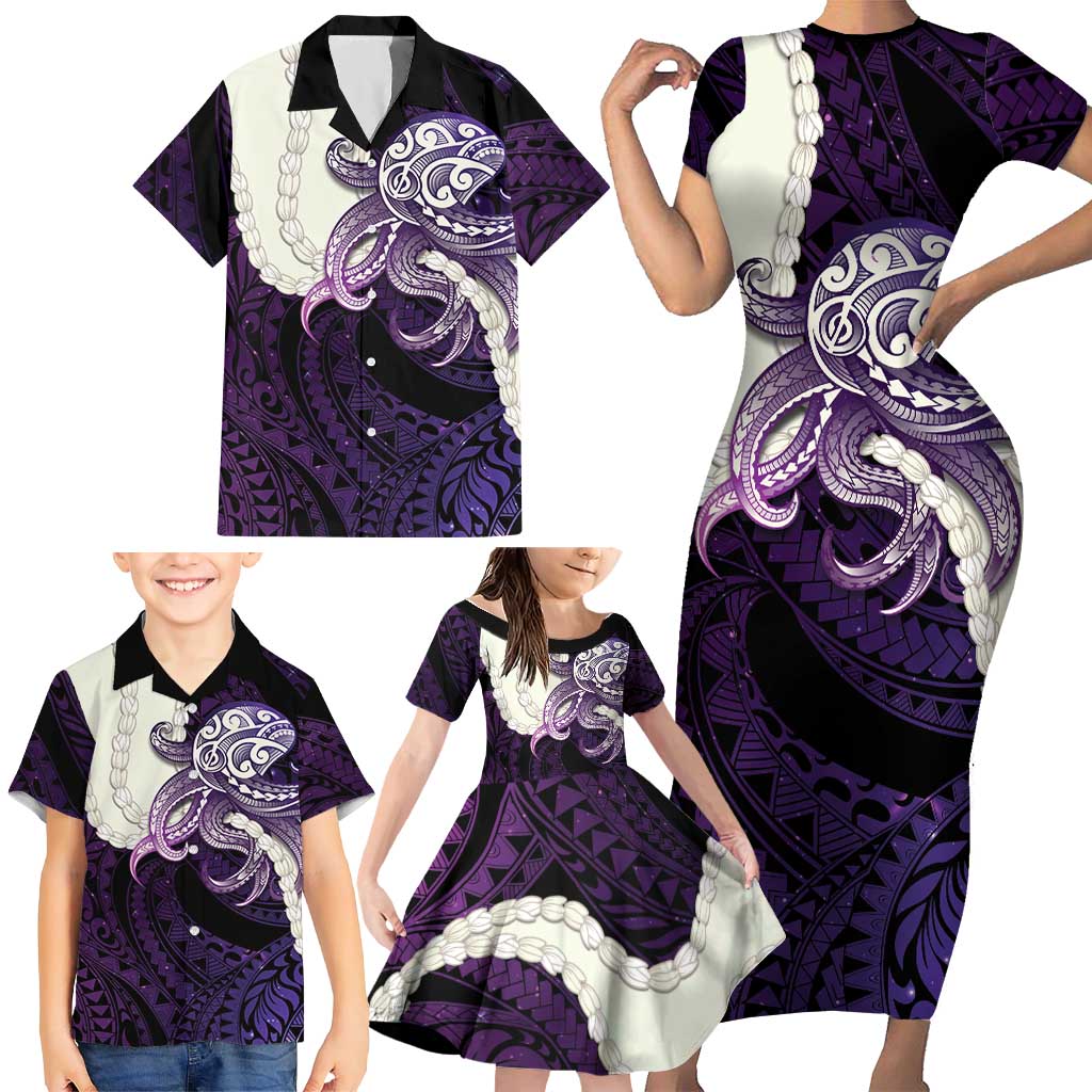 Purple Galaxy Polynesia Tribal Octopus Tattoo Family Matching Short Sleeve Bodycon Dress and Hawaiian Shirt Pikake Lei Polynesian Pattern