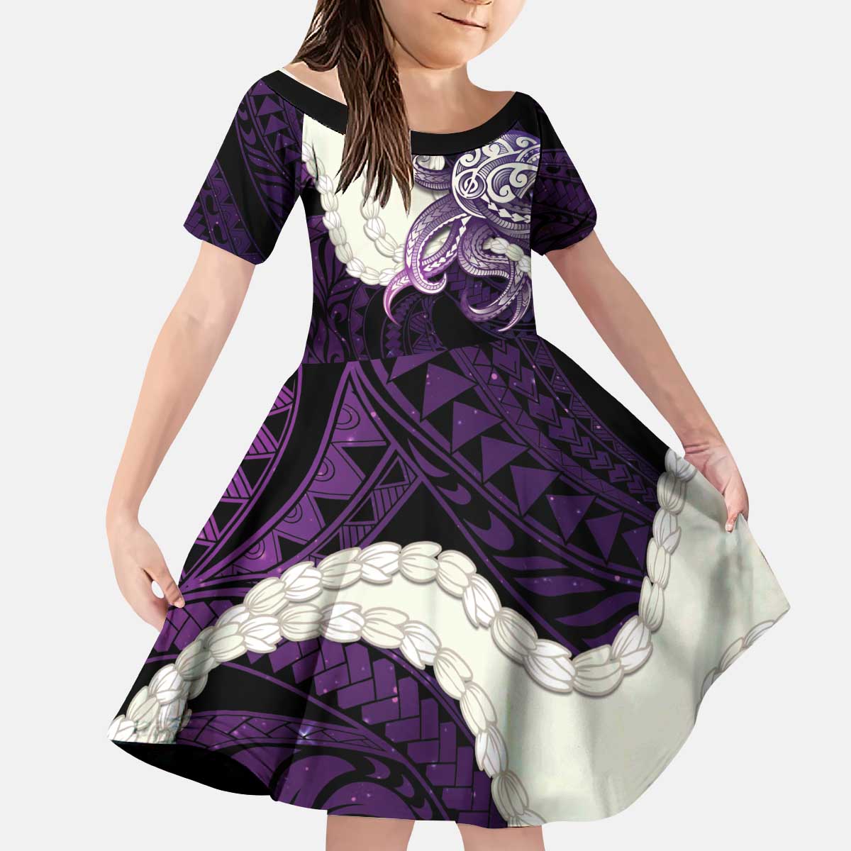 Purple Galaxy Polynesia Tribal Octopus Tattoo Kid Short Sleeve Dress Pikake Lei Polynesian Pattern