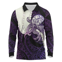 Purple Galaxy Polynesia Tribal Octopus Tattoo Long Sleeve Polo Shirt Pikake Lei Polynesian Pattern