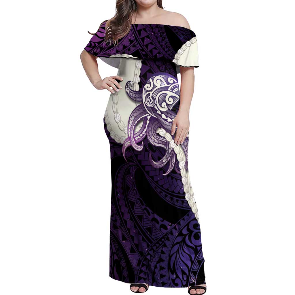 Purple Galaxy Polynesia Tribal Octopus Tattoo Off Shoulder Maxi Dress Pikake Lei Polynesian Pattern