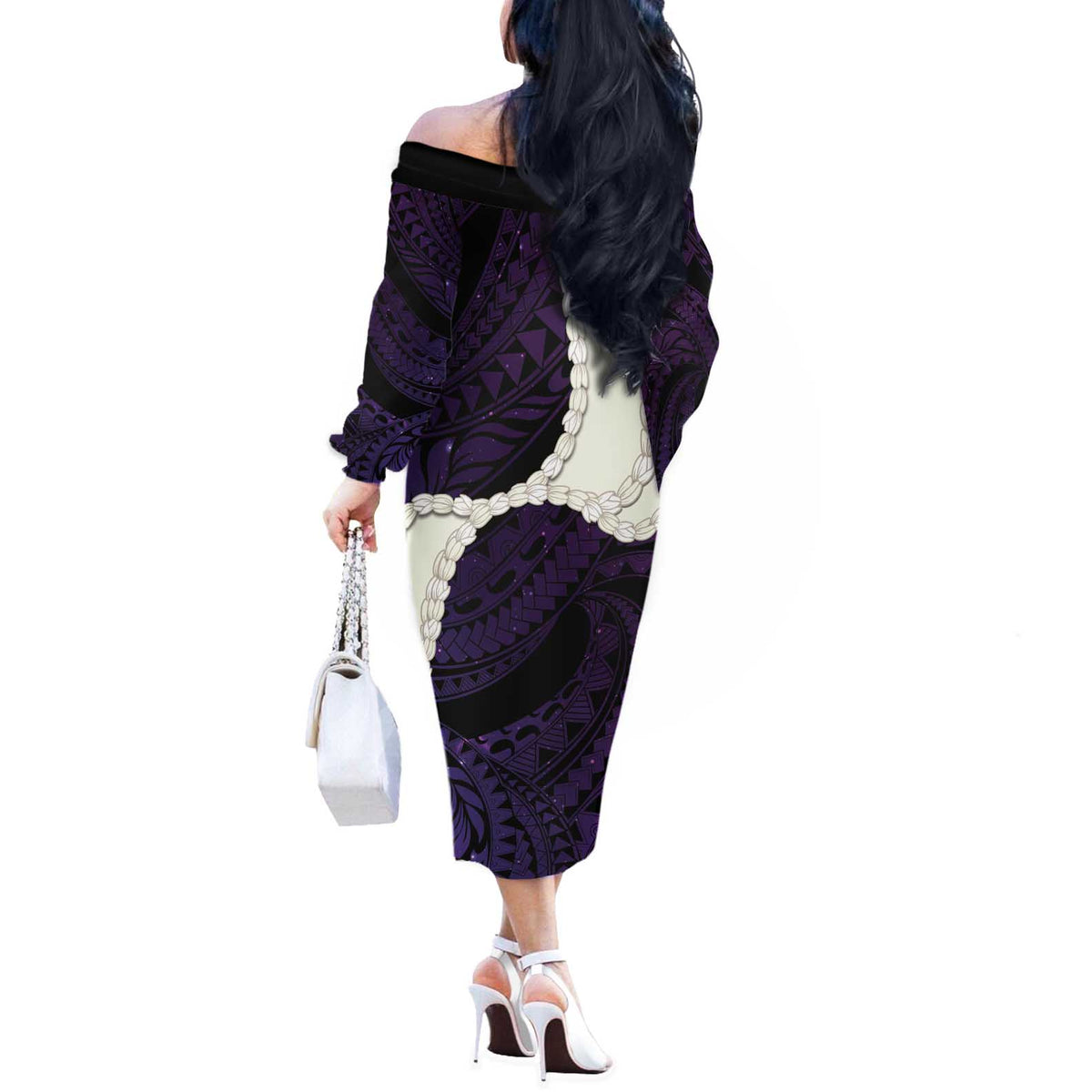 Purple Galaxy Polynesia Tribal Octopus Tattoo Off The Shoulder Long Sleeve Dress Pikake Lei Polynesian Pattern