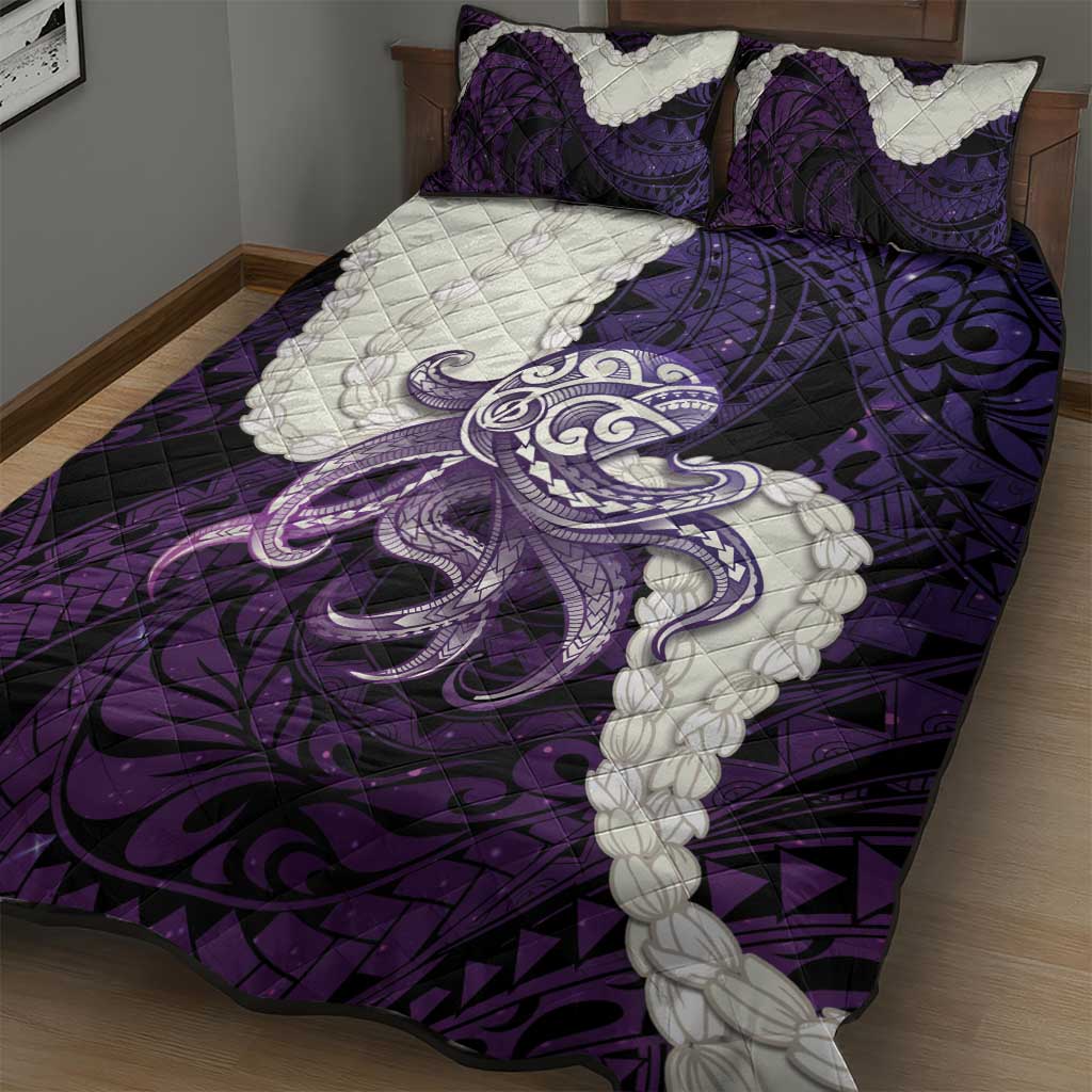 Purple Galaxy Polynesia Tribal Octopus Tattoo Quilt Bed Set Pikake Lei Polynesian Pattern