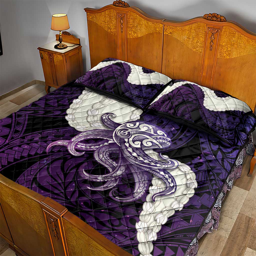 Purple Galaxy Polynesia Tribal Octopus Tattoo Quilt Bed Set Pikake Lei Polynesian Pattern