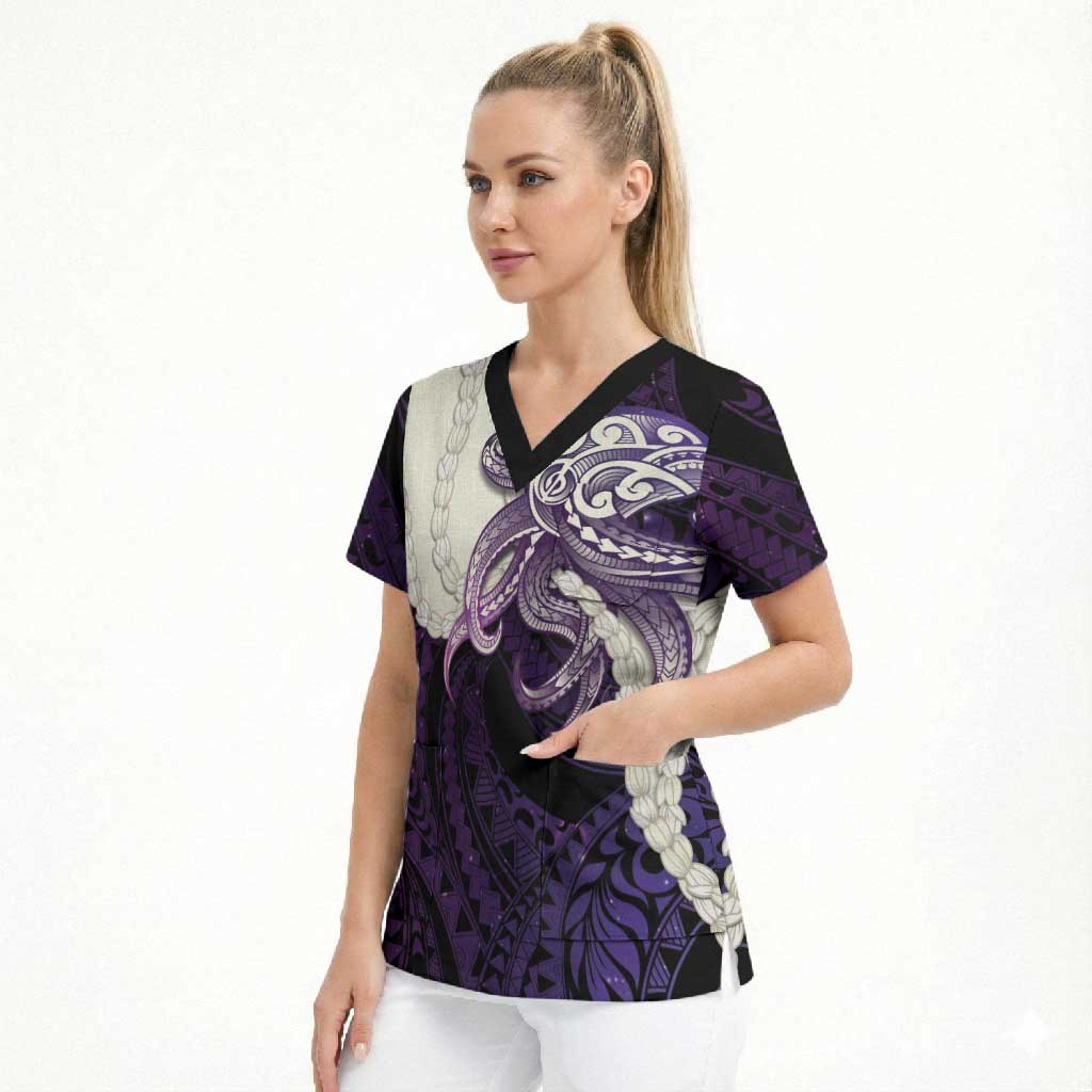 Purple Galaxy Polynesia Tribal Octopus Tattoo Scrub Top Pikake Lei Polynesian Pattern