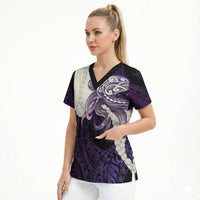 Purple Galaxy Polynesia Tribal Octopus Tattoo Scrub Top Pikake Lei Polynesian Pattern