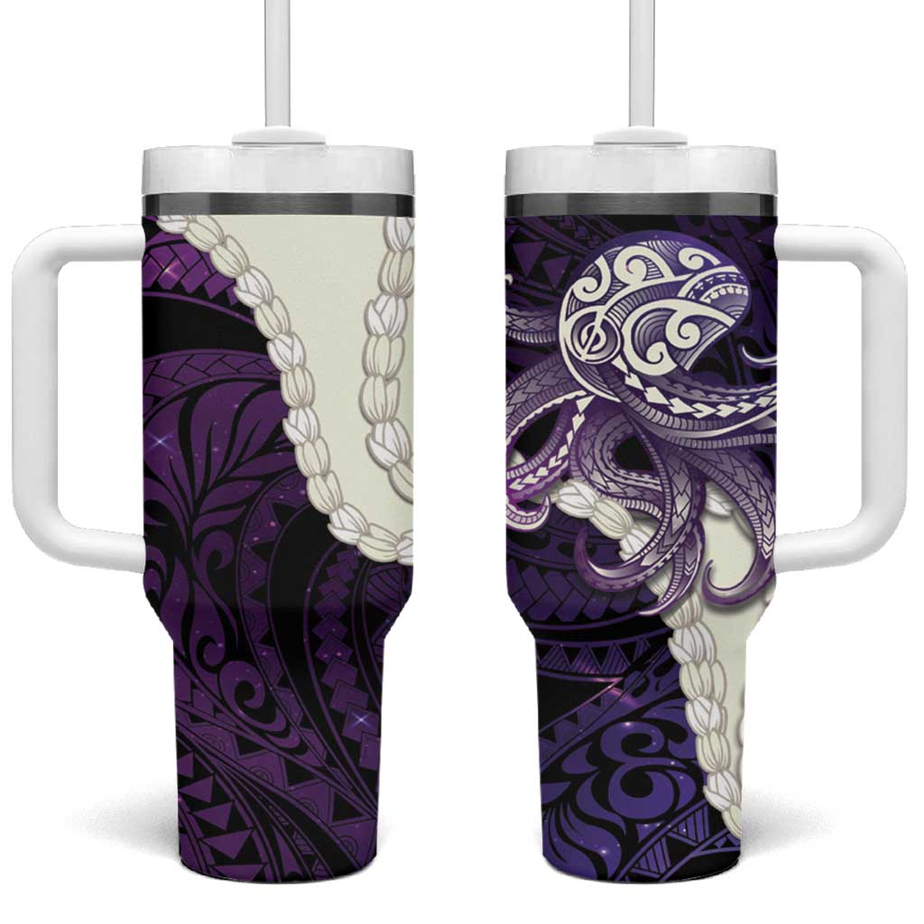 Purple Galaxy Polynesia Tribal Octopus Tattoo Tumbler With Handle Pikake Lei Polynesian Pattern