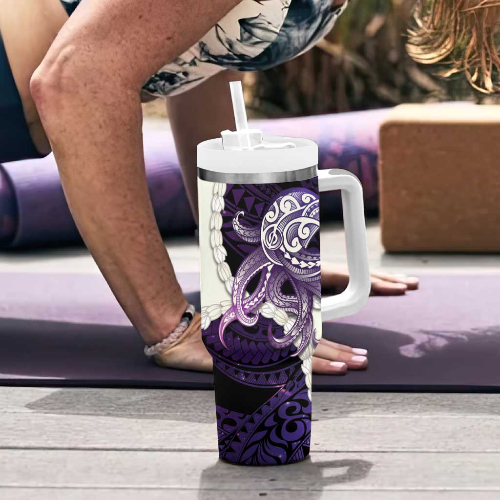 Purple Galaxy Polynesia Tribal Octopus Tattoo Tumbler With Handle Pikake Lei Polynesian Pattern