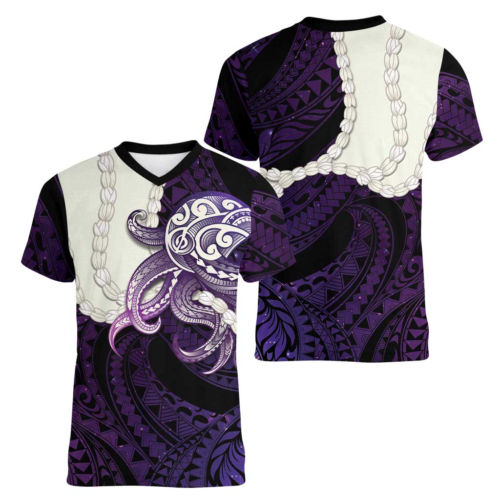 Purple Galaxy Polynesia Tribal Octopus Tattoo Women V-Neck T-Shirt Pikake Lei Polynesian Pattern