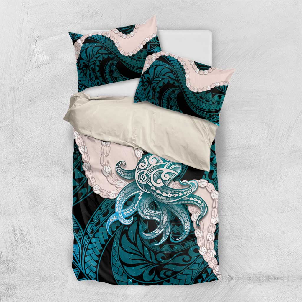 Teal Galaxy Polynesia Tribal Octopus Tattoo Bedding Set Pikake Lei Polynesian Pattern