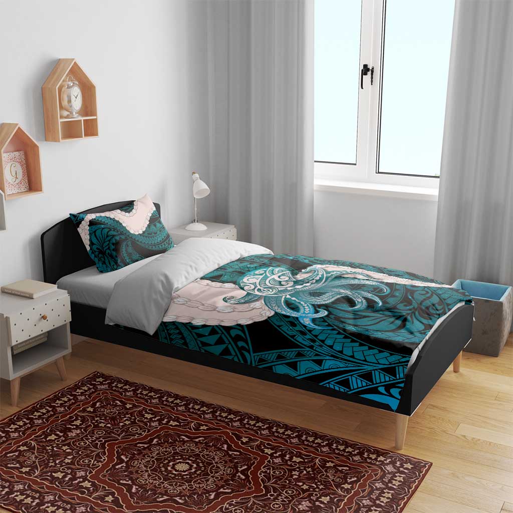 Teal Galaxy Polynesia Tribal Octopus Tattoo Bedding Set Pikake Lei Polynesian Pattern