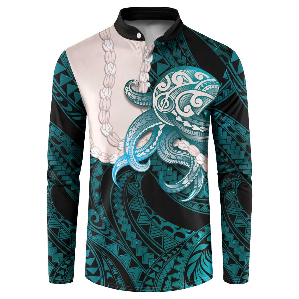 Teal Galaxy Polynesia Tribal Octopus Tattoo Button Sweatshirt Pikake Lei Polynesian Pattern