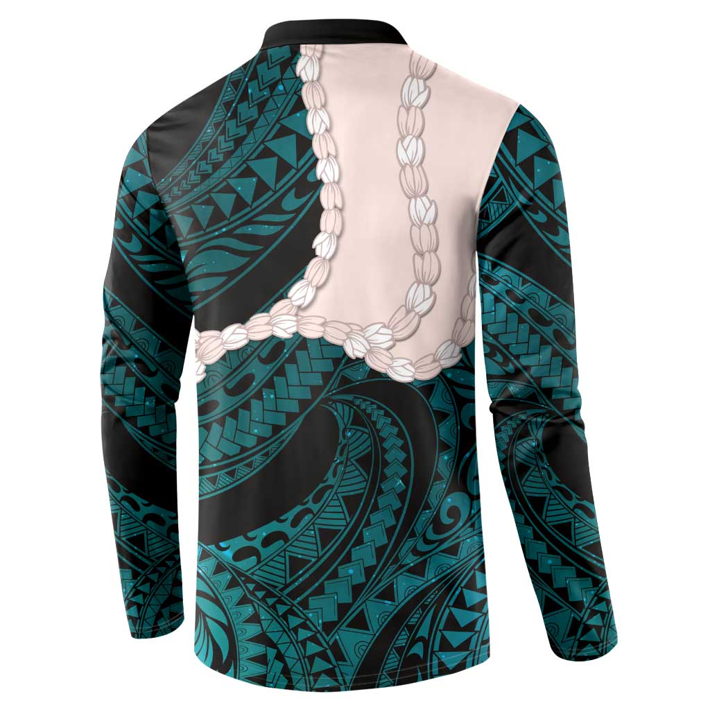 Teal Galaxy Polynesia Tribal Octopus Tattoo Button Sweatshirt Pikake Lei Polynesian Pattern