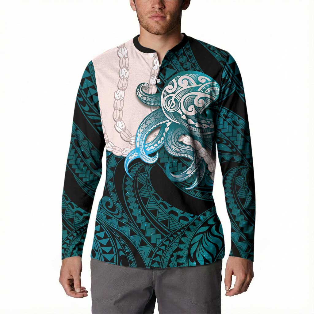 Teal Galaxy Polynesia Tribal Octopus Tattoo Button Sweatshirt Pikake Lei Polynesian Pattern