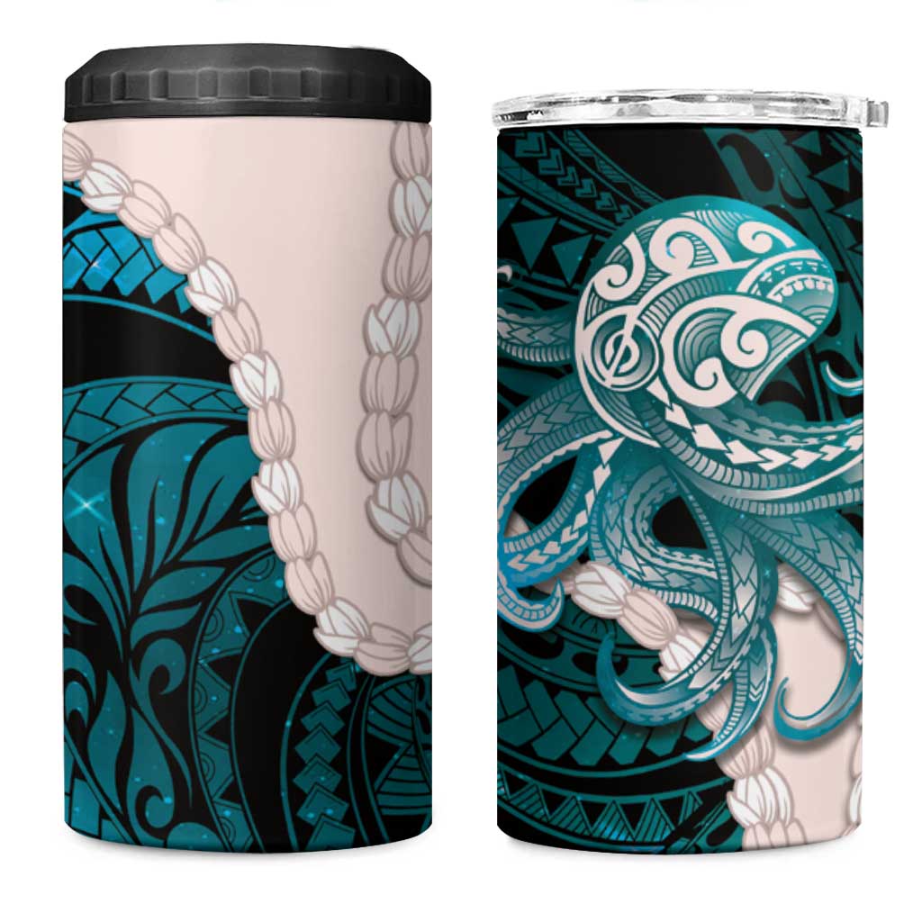 Teal Galaxy Polynesia Tribal Octopus Tattoo 4 in 1 Can Cooler Tumbler Pikake Lei Polynesian Pattern