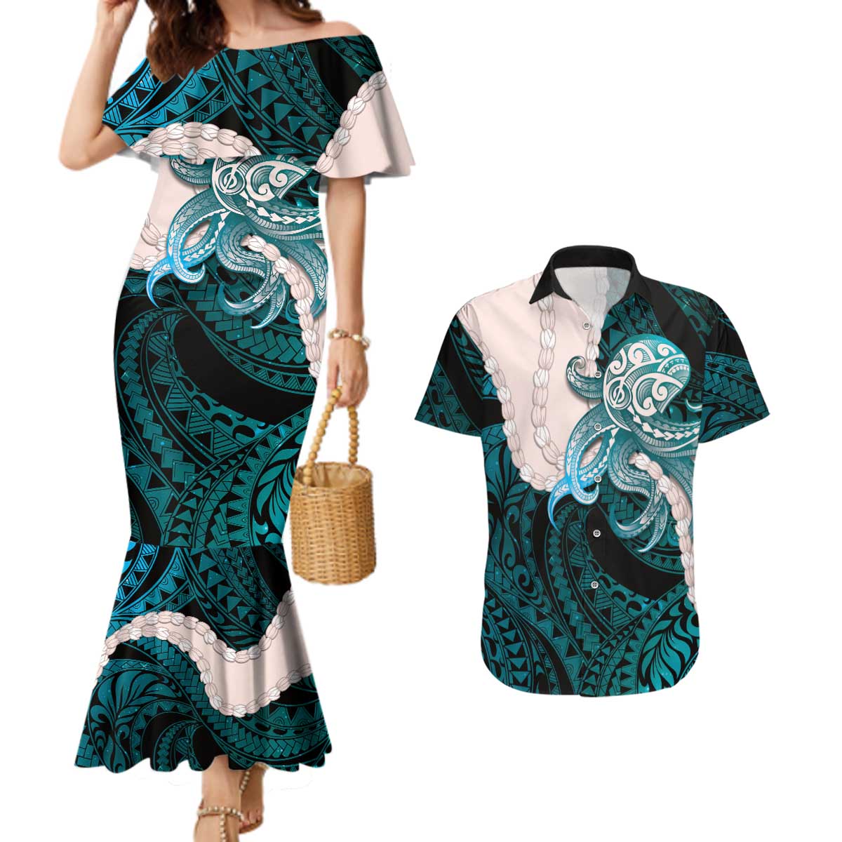 Teal Galaxy Polynesia Tribal Octopus Tattoo Couples Matching Mermaid Dress and Hawaiian Shirt Pikake Lei Polynesian Pattern