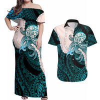 Teal Galaxy Polynesia Tribal Octopus Tattoo Couples Matching Off Shoulder Maxi Dress and Hawaiian Shirt Pikake Lei Polynesian Pattern