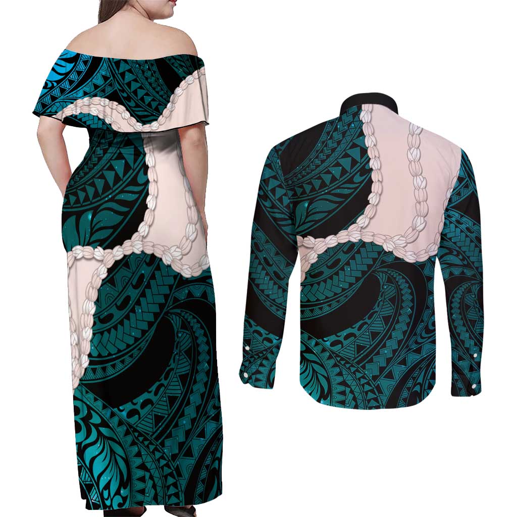 Teal Galaxy Polynesia Tribal Octopus Tattoo Couples Matching Off Shoulder Maxi Dress and Long Sleeve Button Shirt Pikake Lei Polynesian Pattern