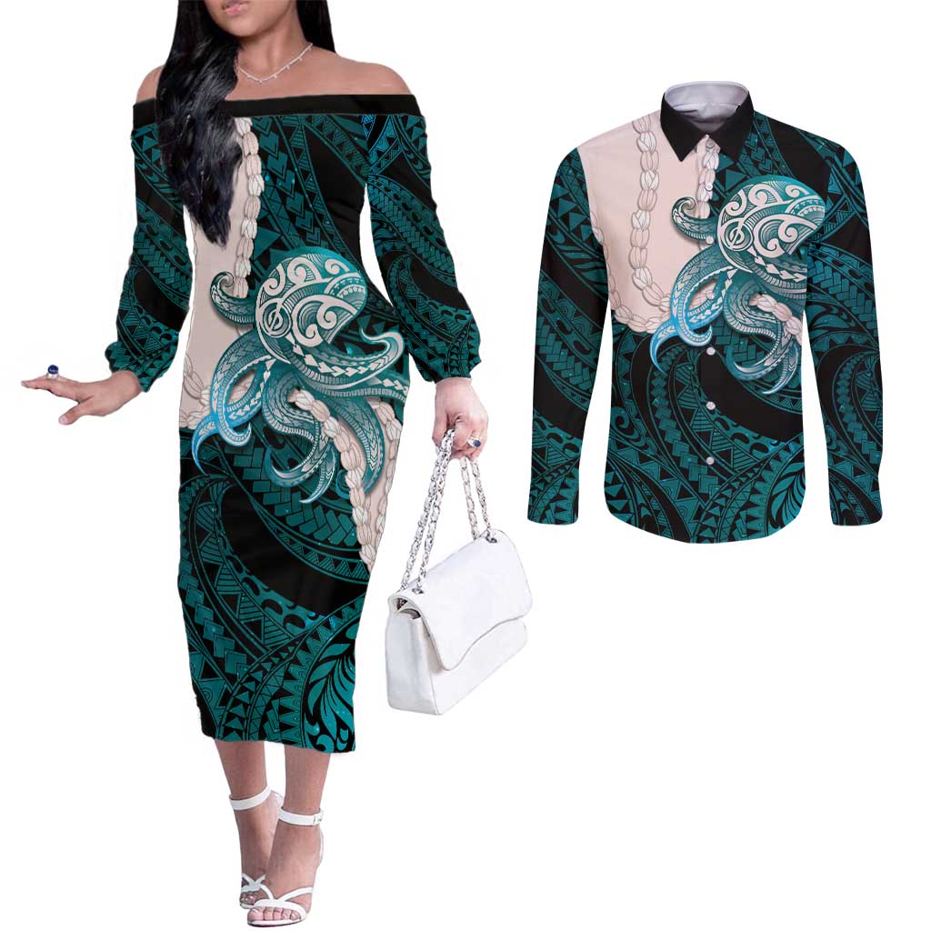 Teal Galaxy Polynesia Tribal Octopus Tattoo Couples Matching Off The Shoulder Long Sleeve Dress and Long Sleeve Button Shirt Pikake Lei Polynesian Pattern