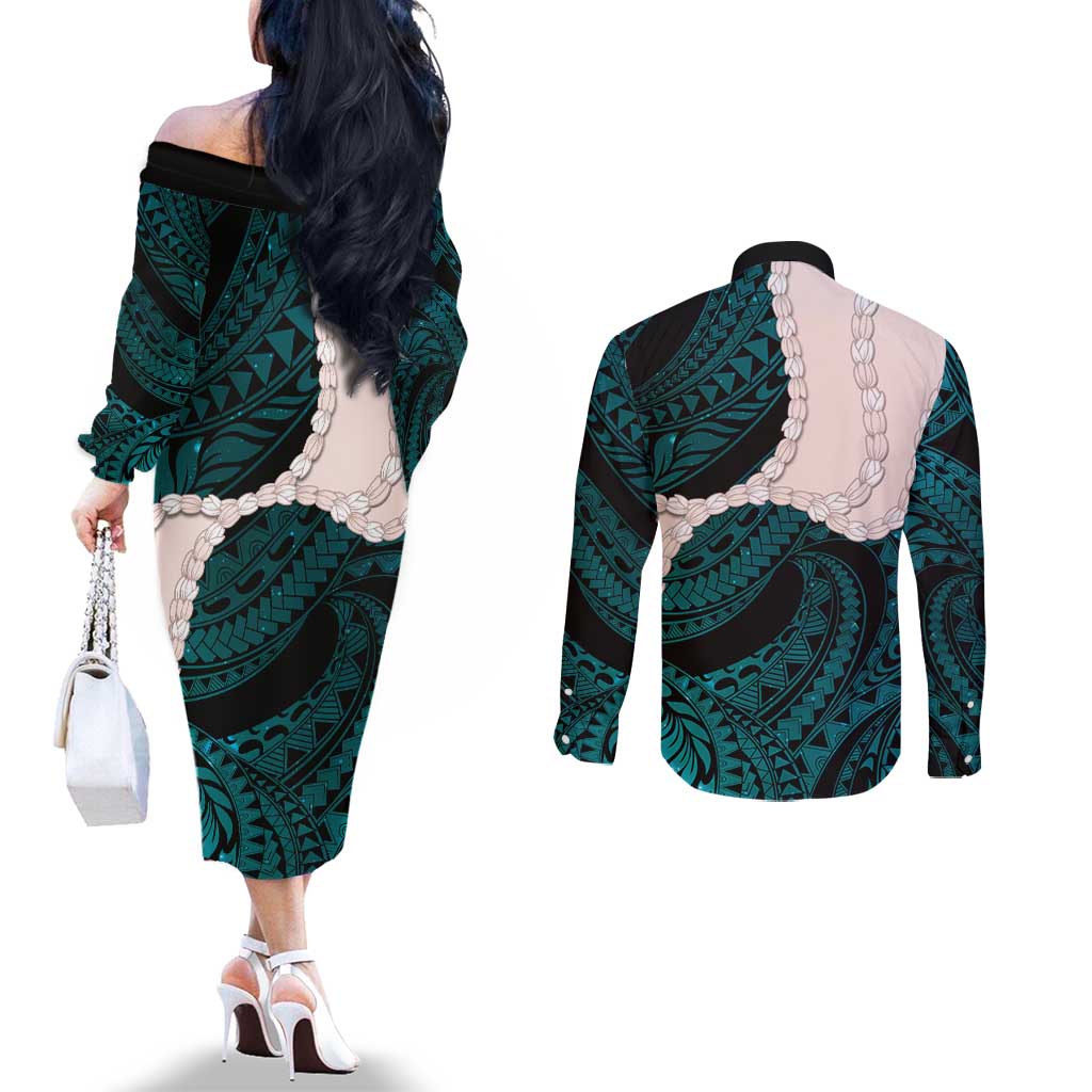 Teal Galaxy Polynesia Tribal Octopus Tattoo Couples Matching Off The Shoulder Long Sleeve Dress and Long Sleeve Button Shirt Pikake Lei Polynesian Pattern